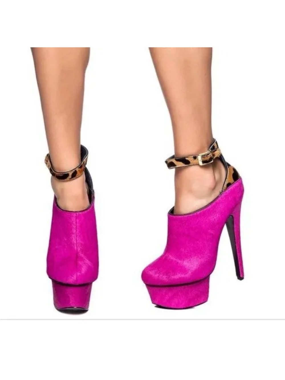 London Trash Fuchsia Platform Peep-Ankle Heels with Leopard Strap